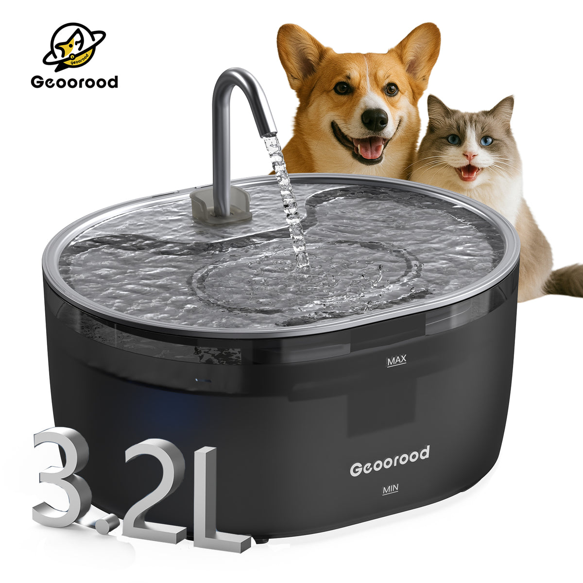 Geoorood Ultra-Quiet Cat Water Fountain (Black)  3.2L, Dual Flow Mode   Geoorood pet
